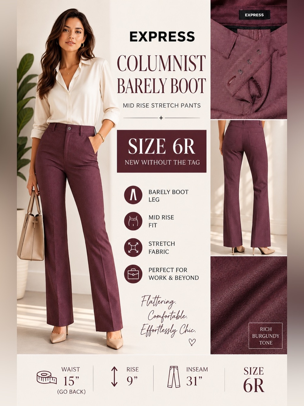 Express Columnist Barely Boot Mid Rise Stretch Dress Pants Burgundy Wine Career